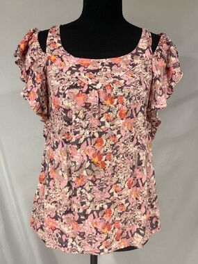 Maeve Anthropologie Pink & Coral Floral Ruffle Sleeve Blouse